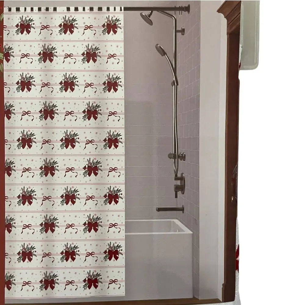 Christmas RED BOWS Fabric Shower Curtain 72x72 Festive Holiday Bath NEW